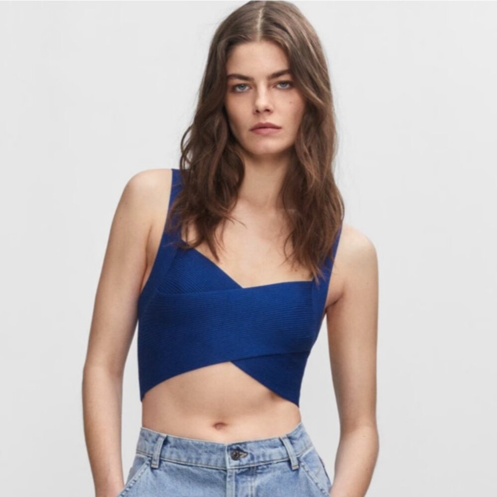 Mango Blue Ribbed Knit Top